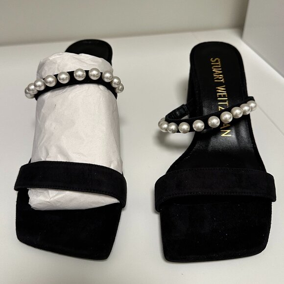Stuart Weitzman Goldie 60 Pearl Slide Sandals 6.5 NIB Block Heel Black Suede - Picture 5 of 14